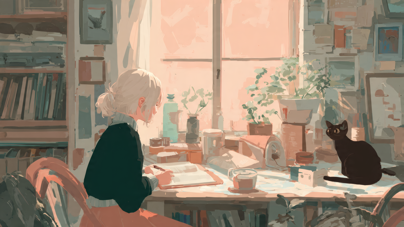 Woman Writing at Desk with Cat Art