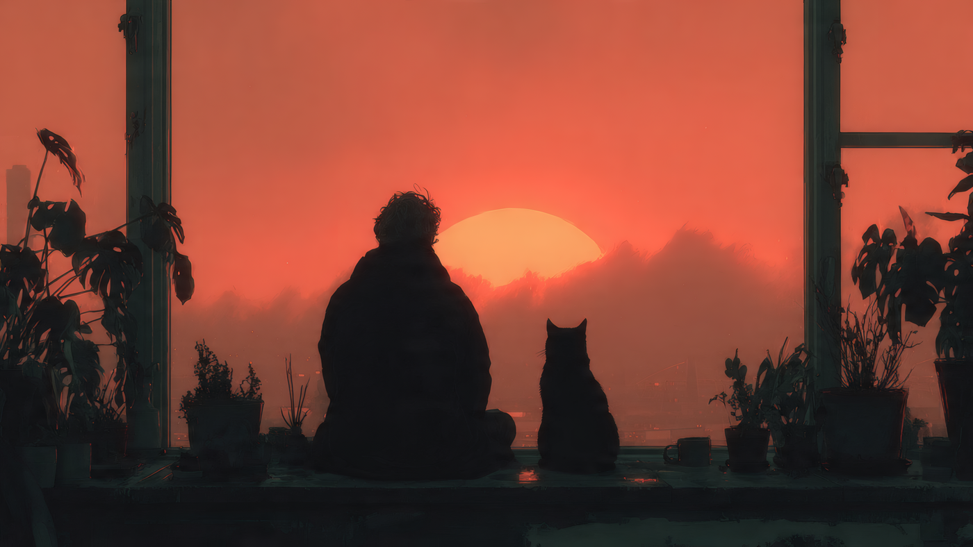 Person and Cat Silhouette at Sunset Window