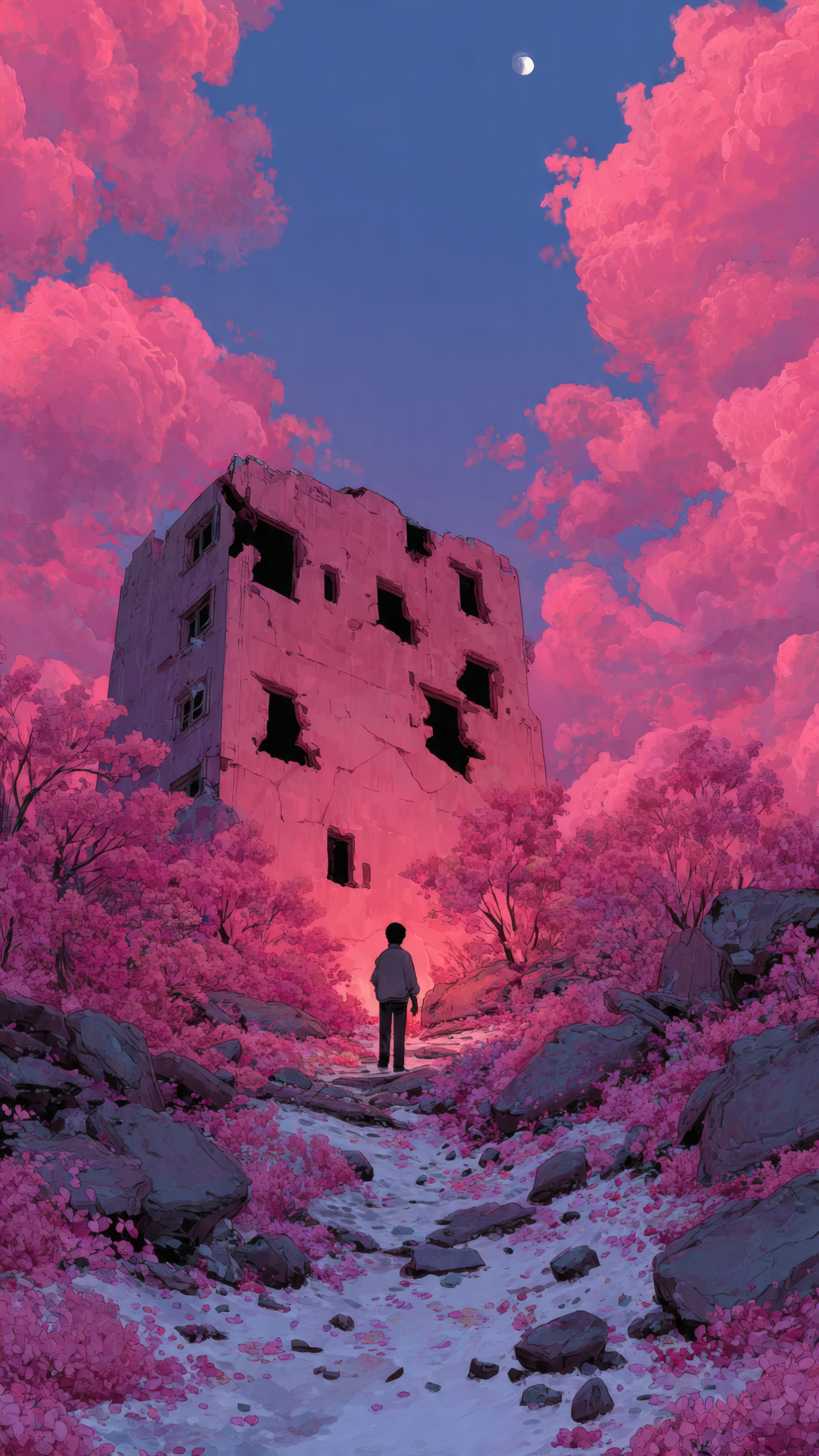 Ruined Building with Pink Nature Scenery