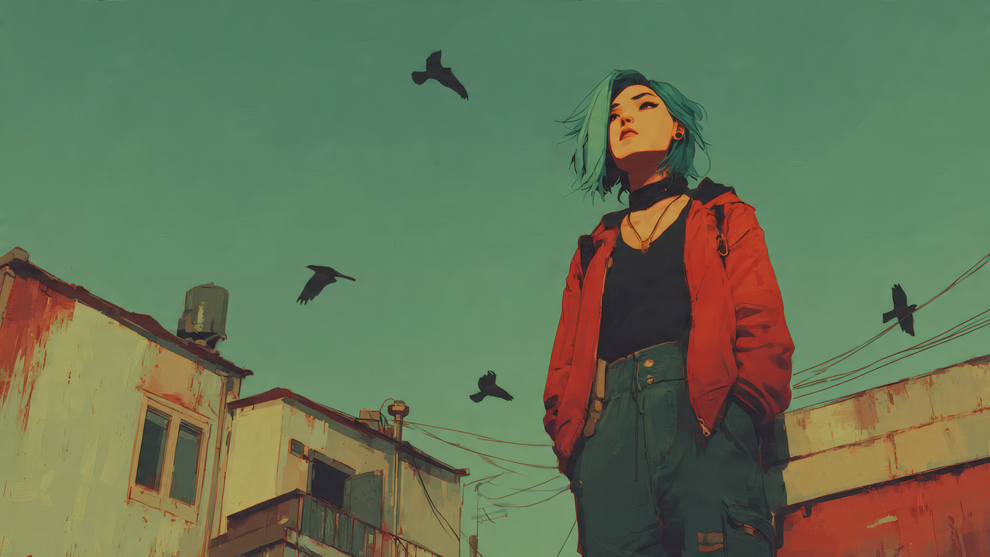 Stylish Woman Looks up at Birds in Cityscape