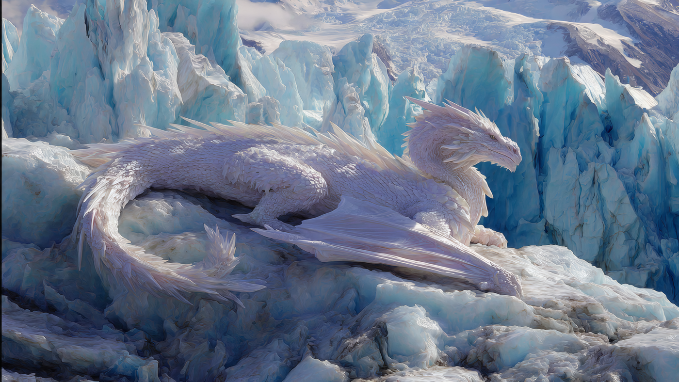 White Dragon on an Ice Glacier Landscape