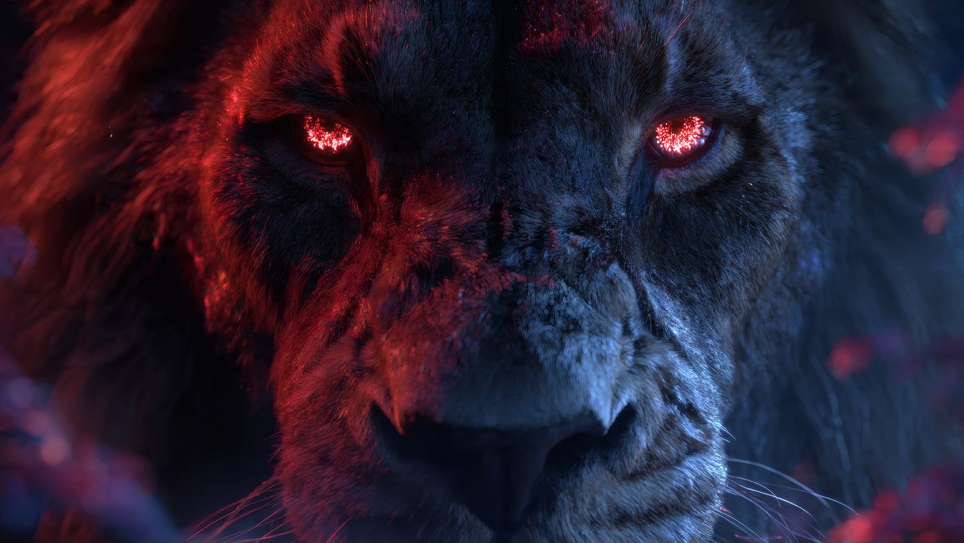 Lion with Glowing Red Eyes Close Up Wallpaper