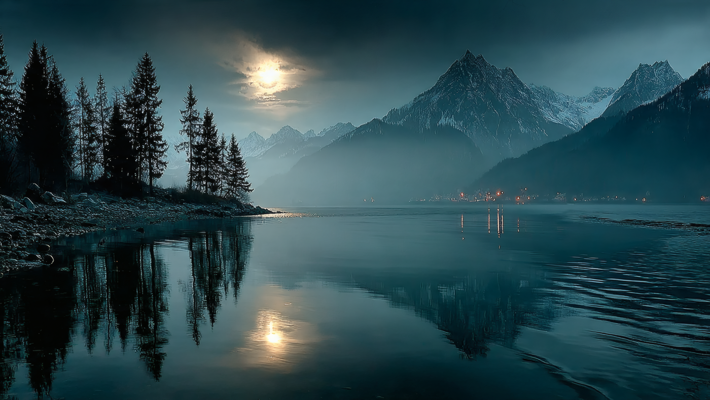 Mountain Lake at Night Landscape