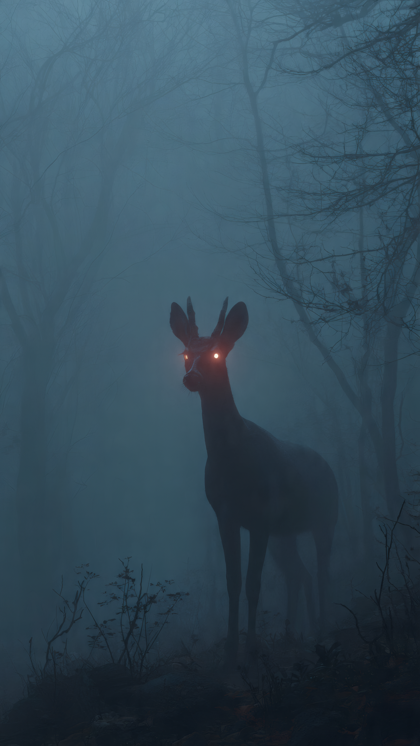 Eerie Deer in a Foggy Forest
