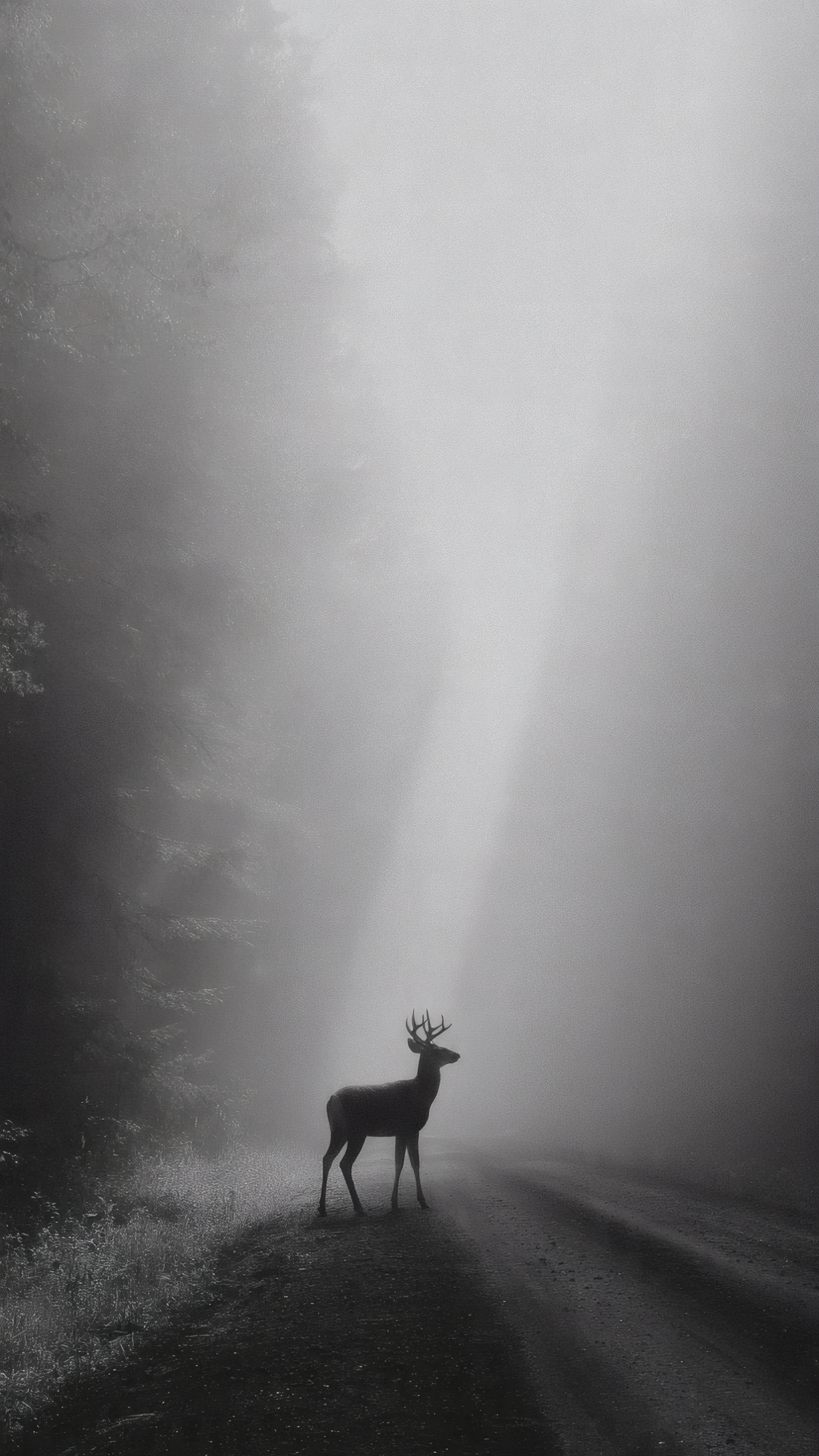 Deer in Foggy Forest Black and White