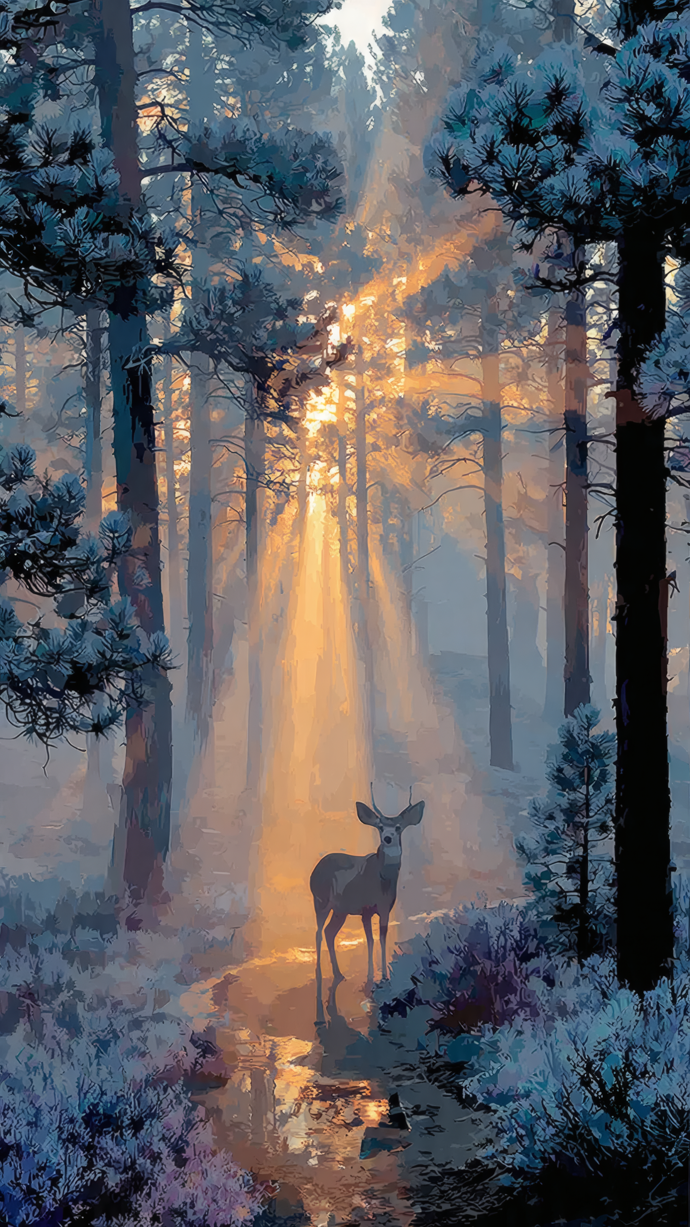 Deer in Snowy Forest with Sun Rays