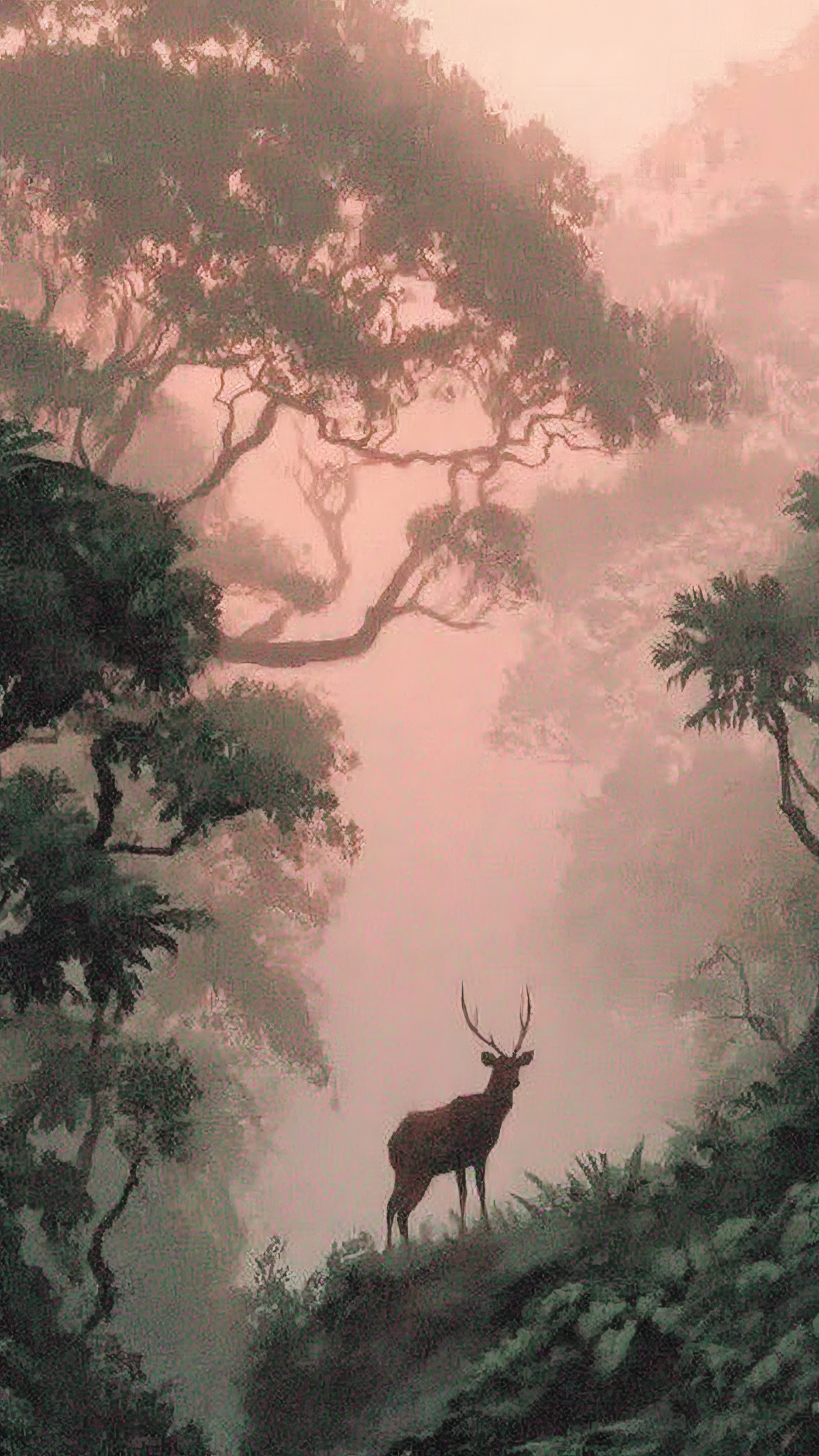 Deer in a Misty Forest Landscape