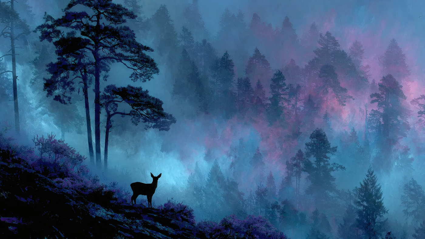 Deer in a Misty Forest Landscape