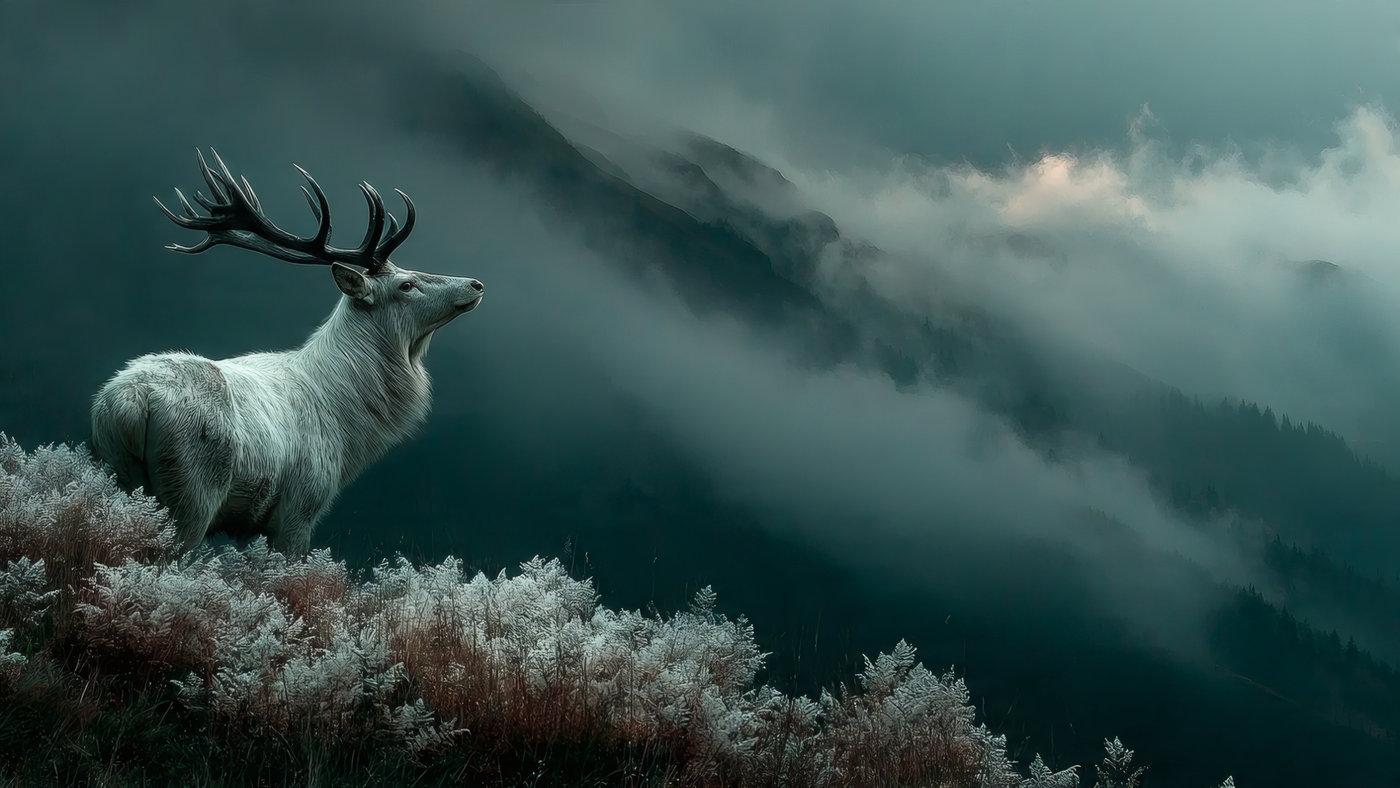 White Deer in a Misty Mountain Landscape