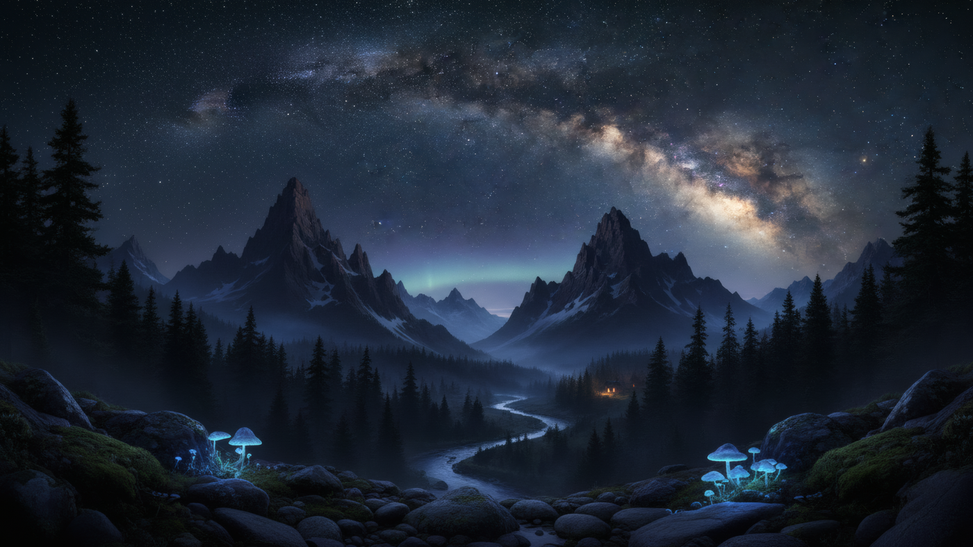 Night Sky over Mountain River Landscape