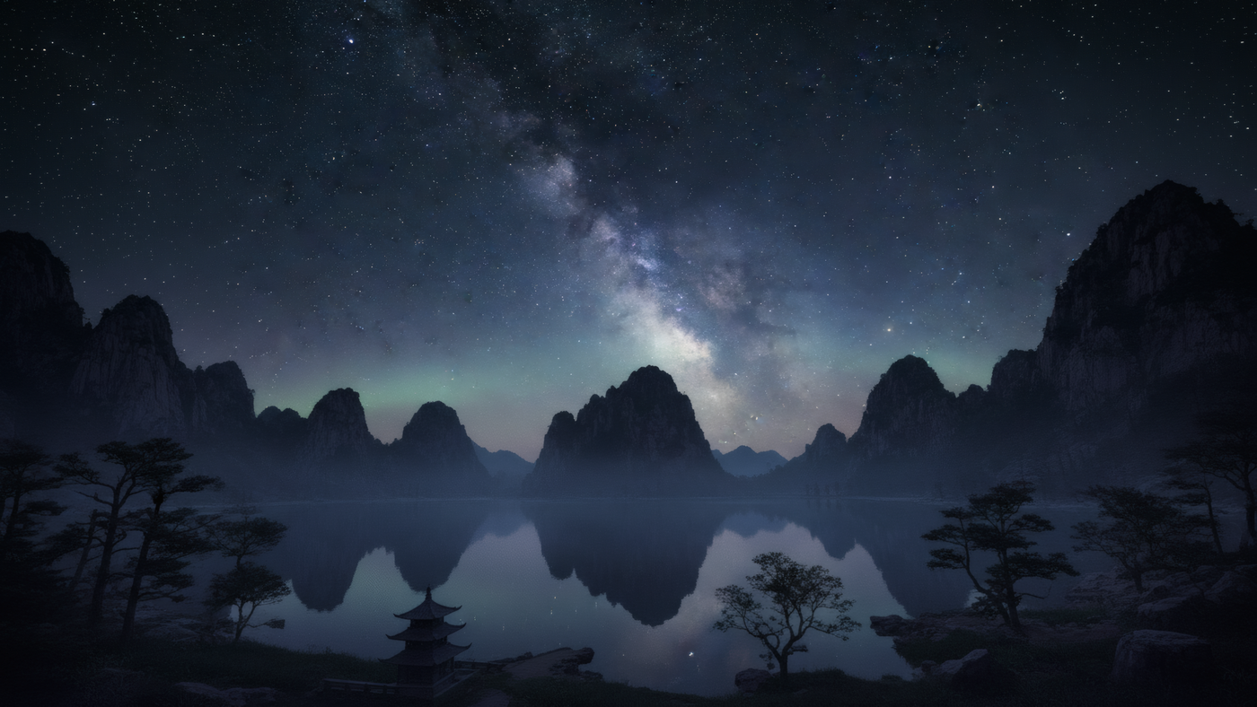 Night Lake with Mountains and Stars