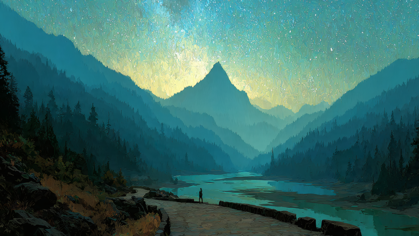 Scenic Mountain Landscape with River and Stars
