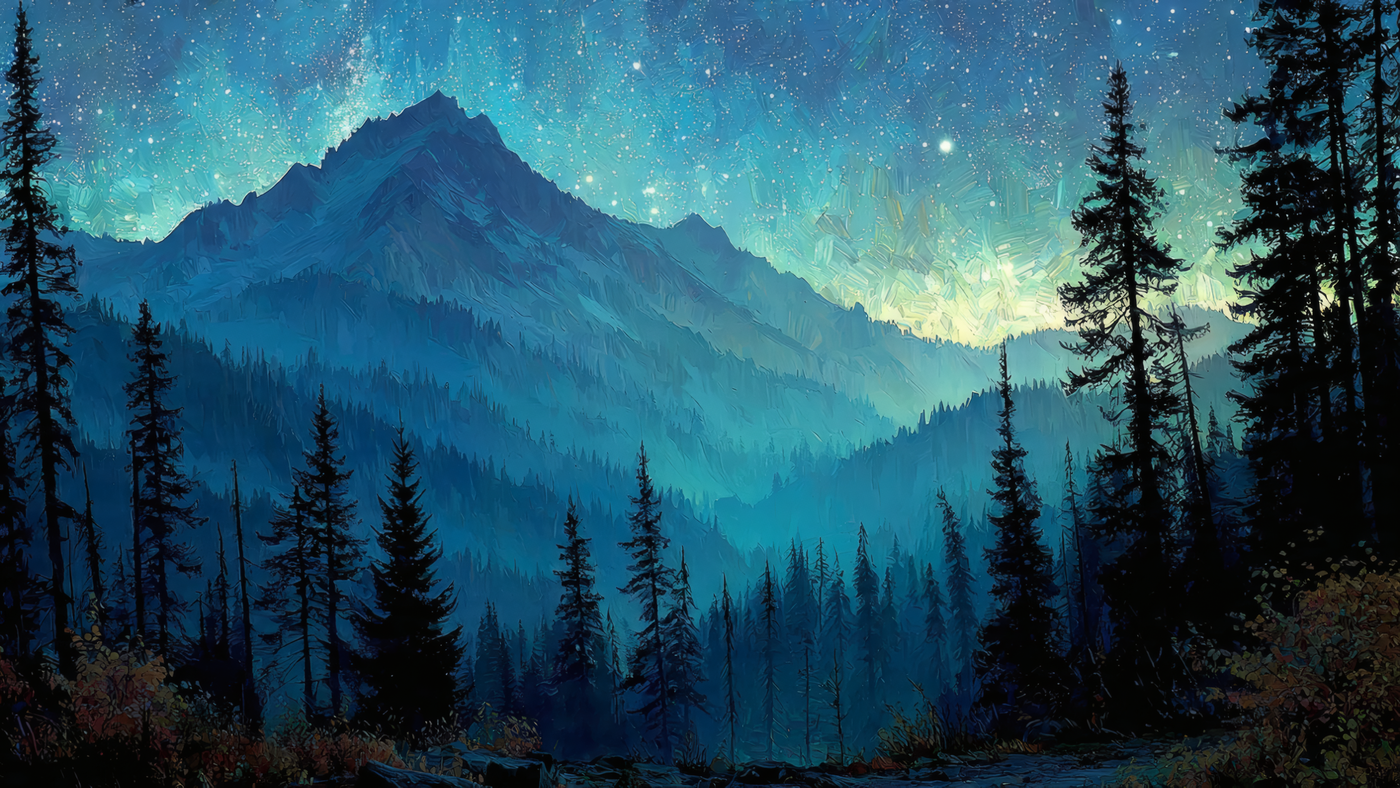 Blue Night Sky and Mountain Landscape