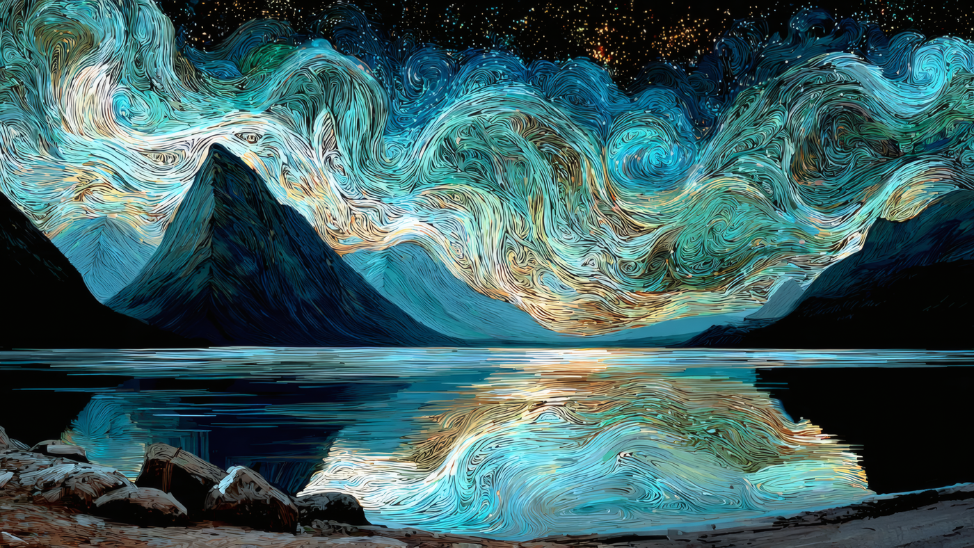 Stylized Landscape with Mountains and Lake