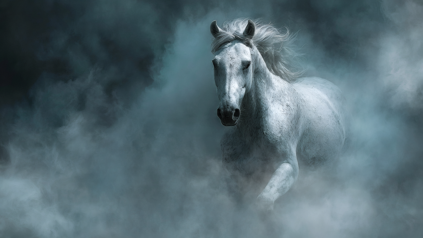 White Horse Running in Mist