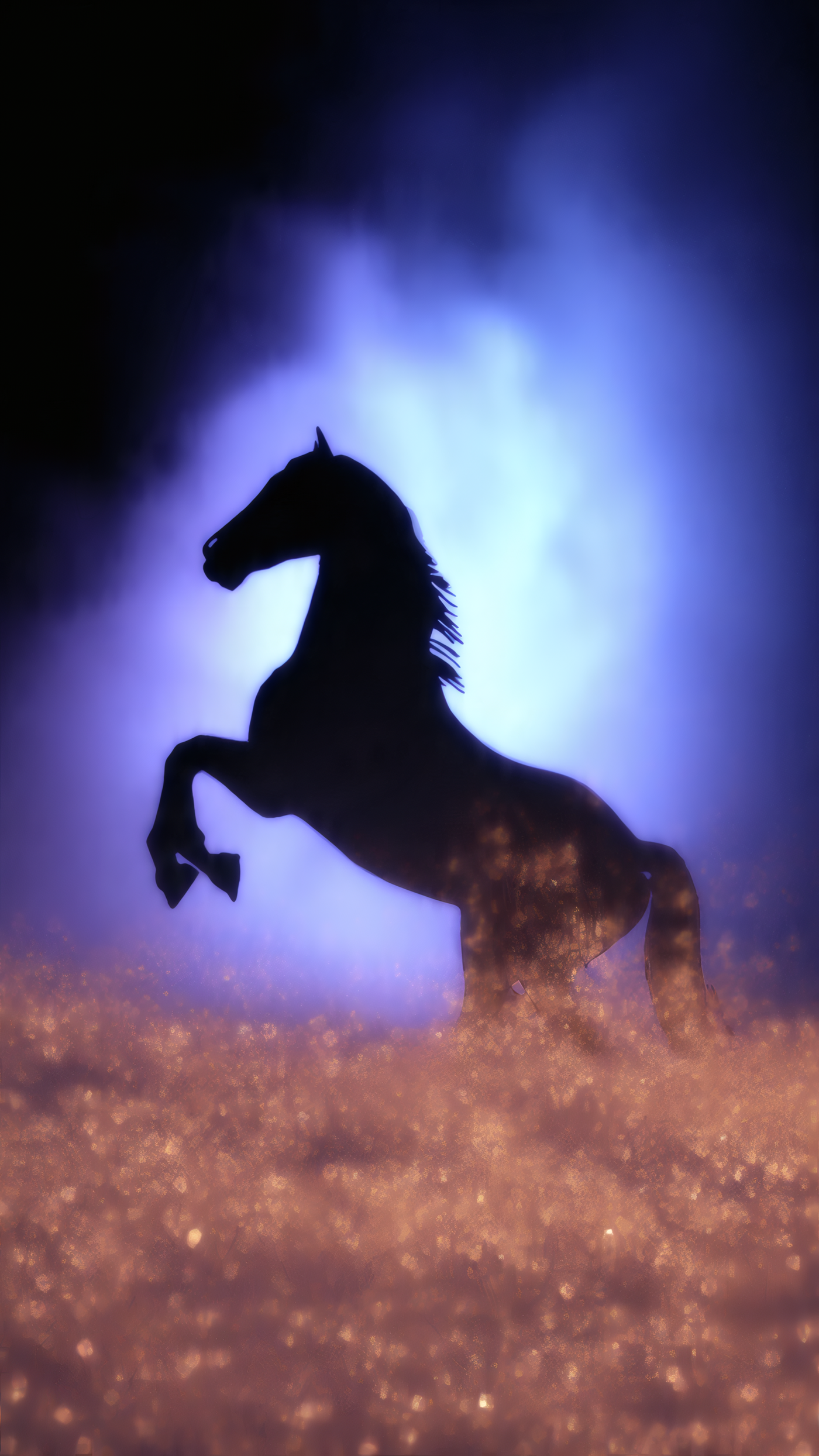 Silhouette of Horse Rearing in Blue Light