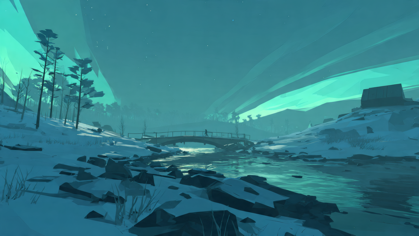 Winter Landscape with Bridge and Northern Lights