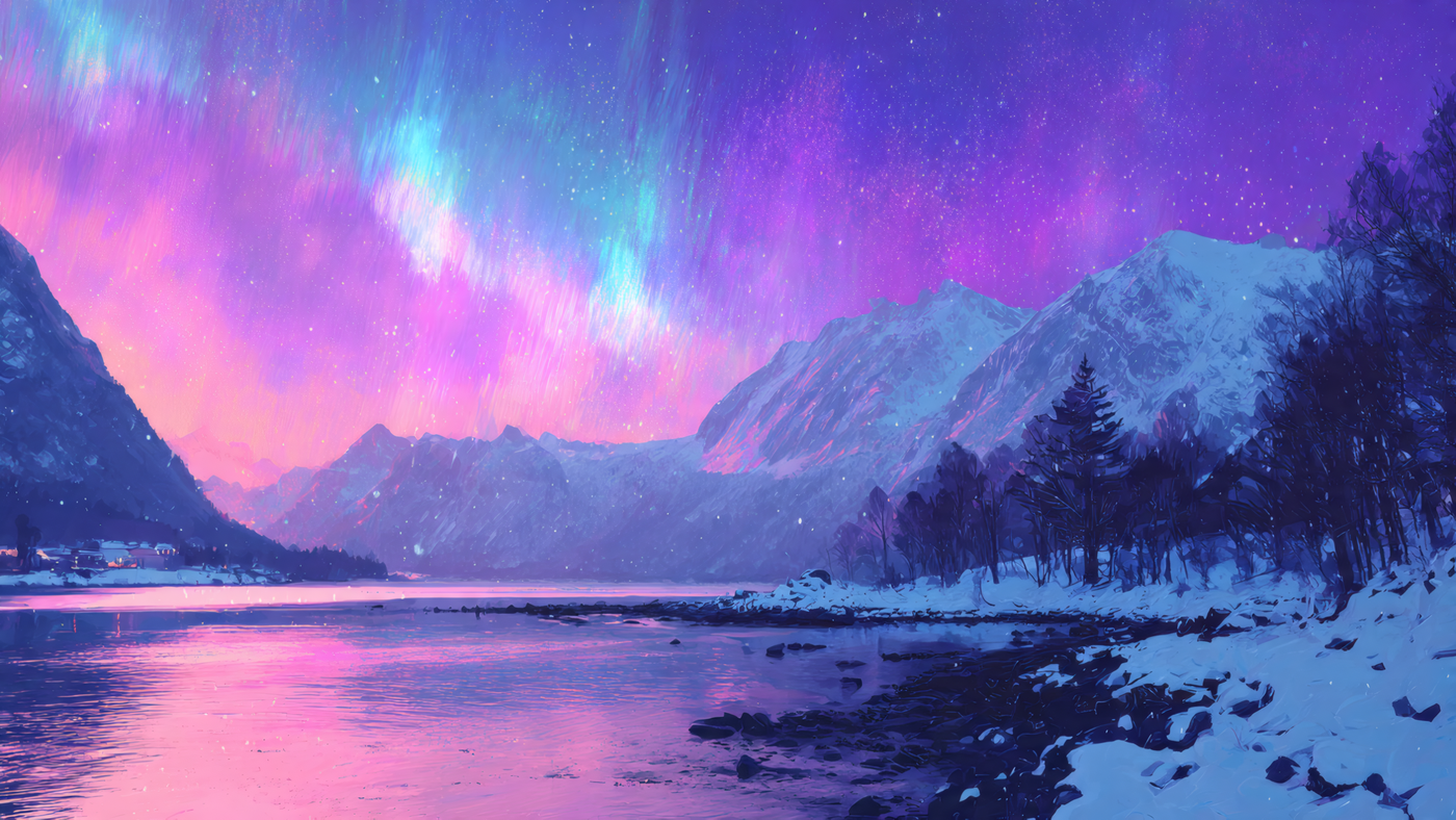 Beautiful Aurora Borealis Winter Landscape Painting