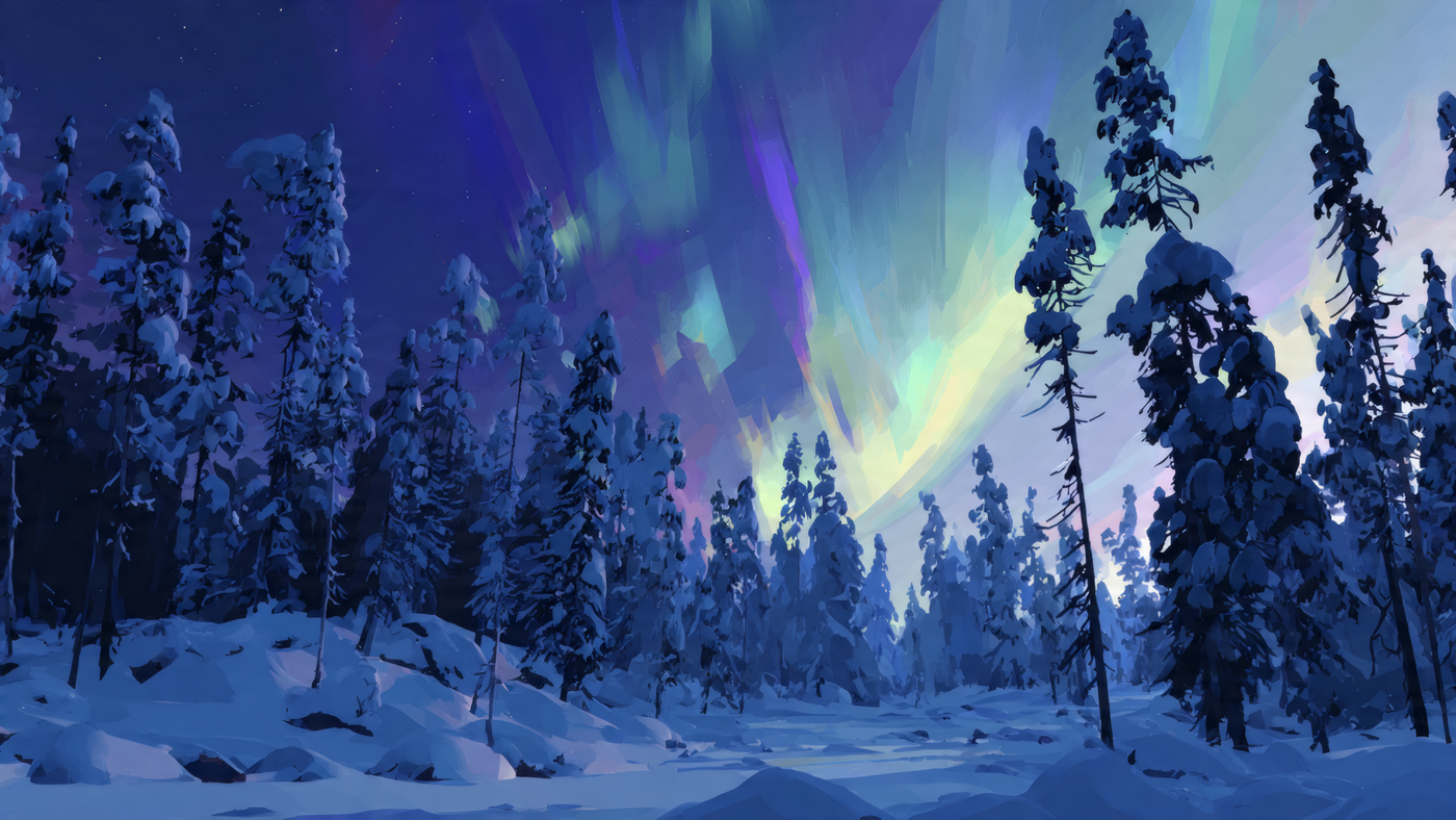 Winter Forest Aurora Landscape Painting