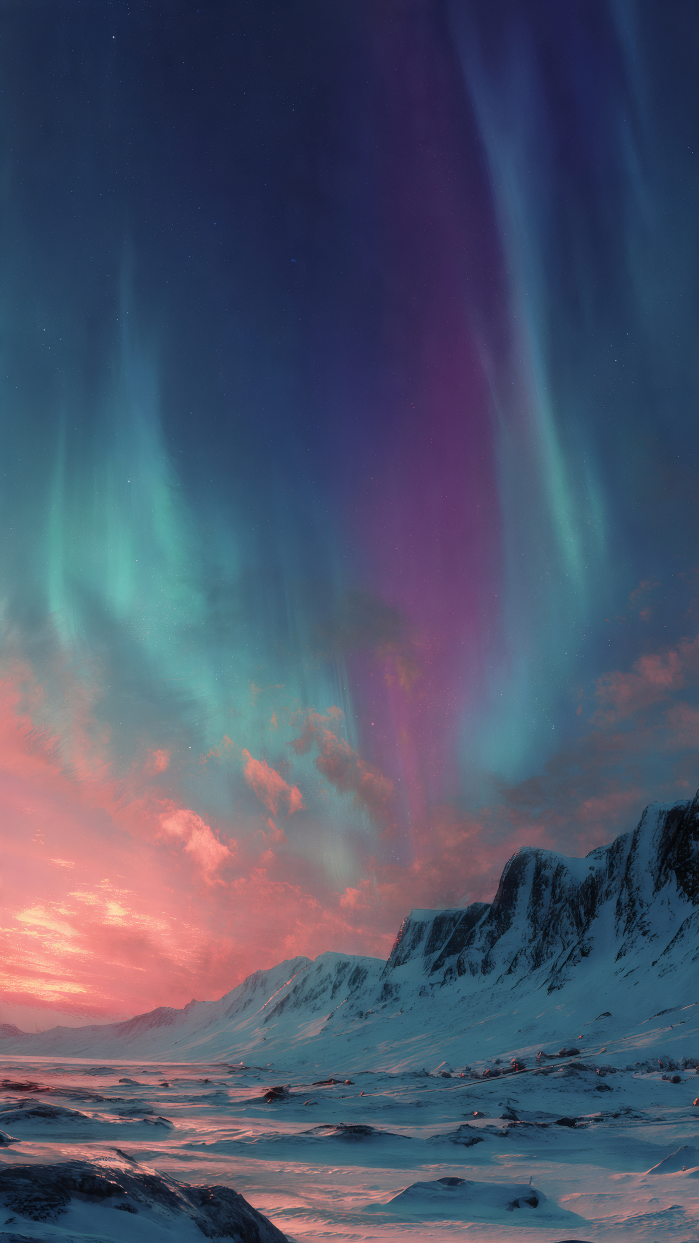 Aurora Borealis over Snowy Mountains
