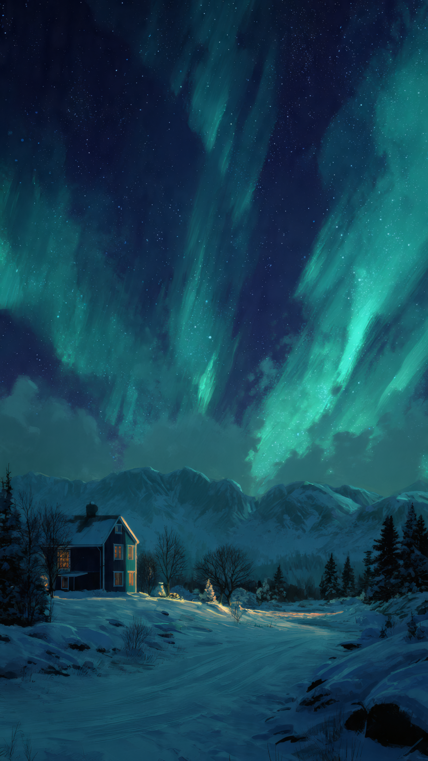 Aurora Borealis over Winter Landscape