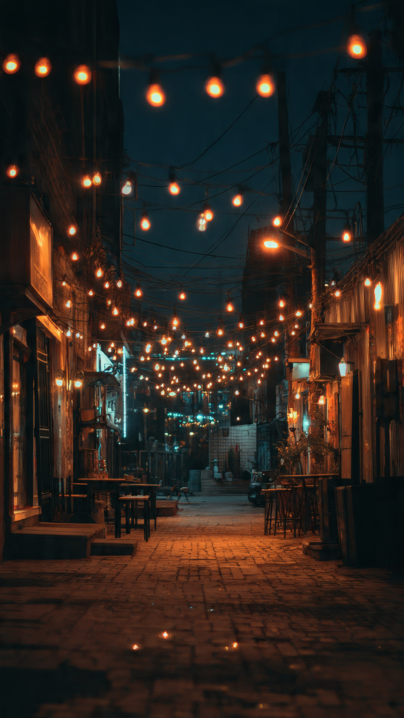 Cozy Alley with String Lights at Night