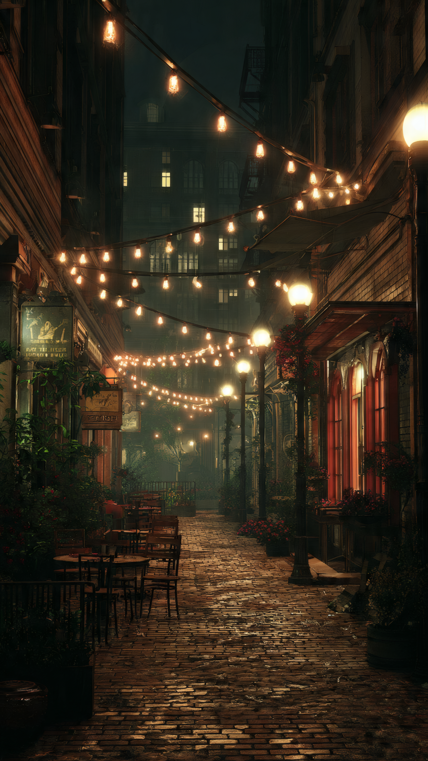 Cozy Alleyway Cafe with String Lights