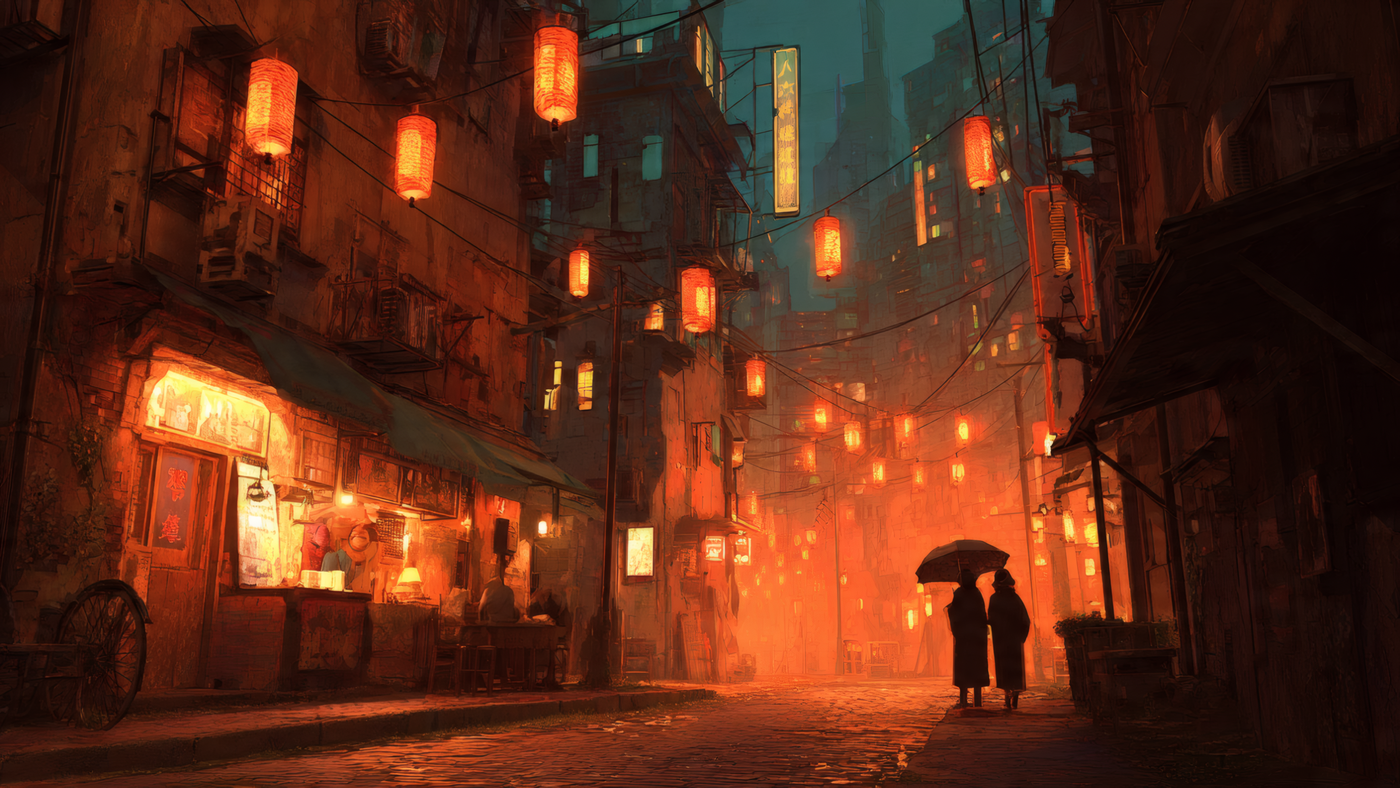 Lanterns Illuminate a Warm City Street