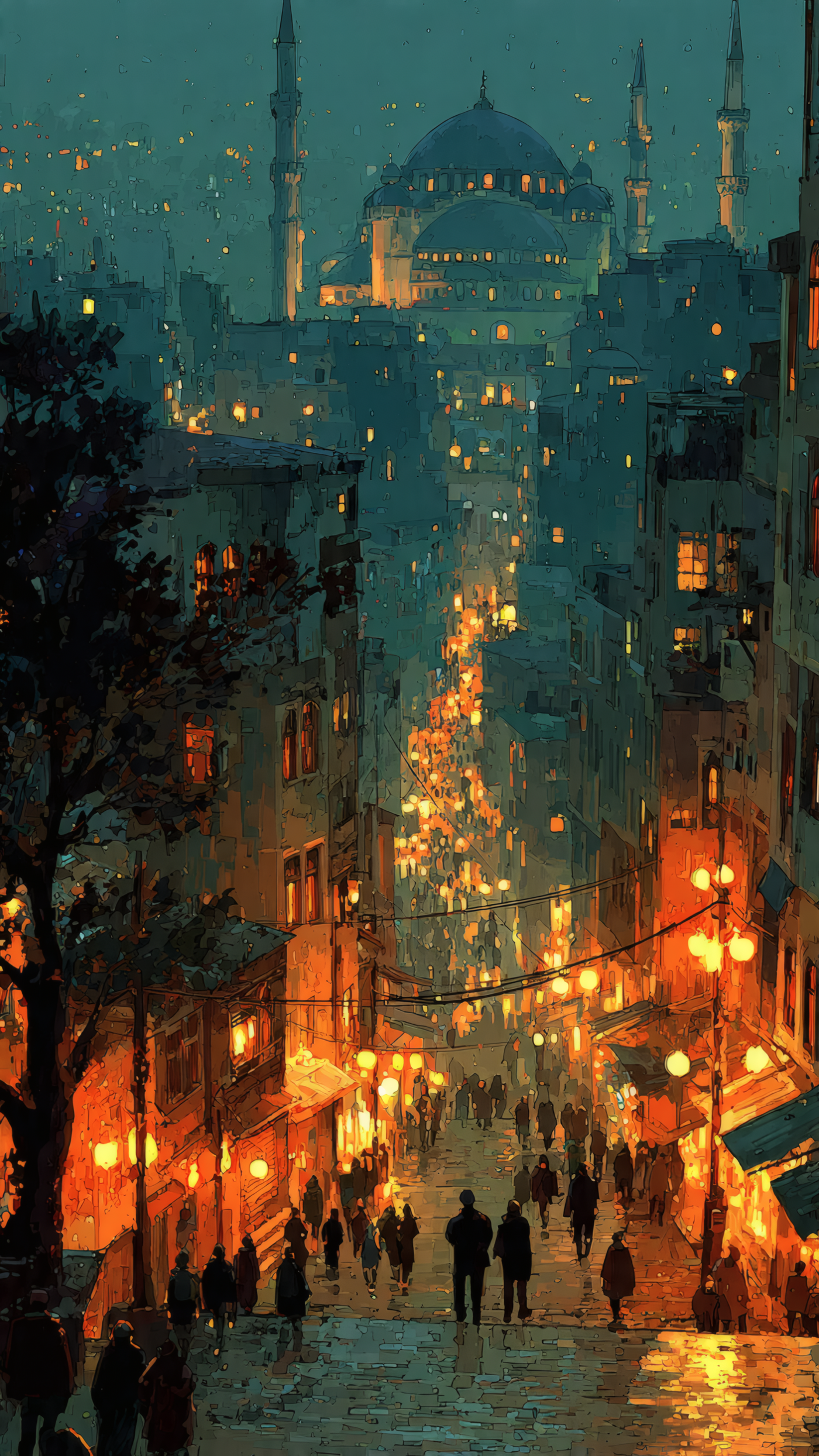 City Street at Night Painting