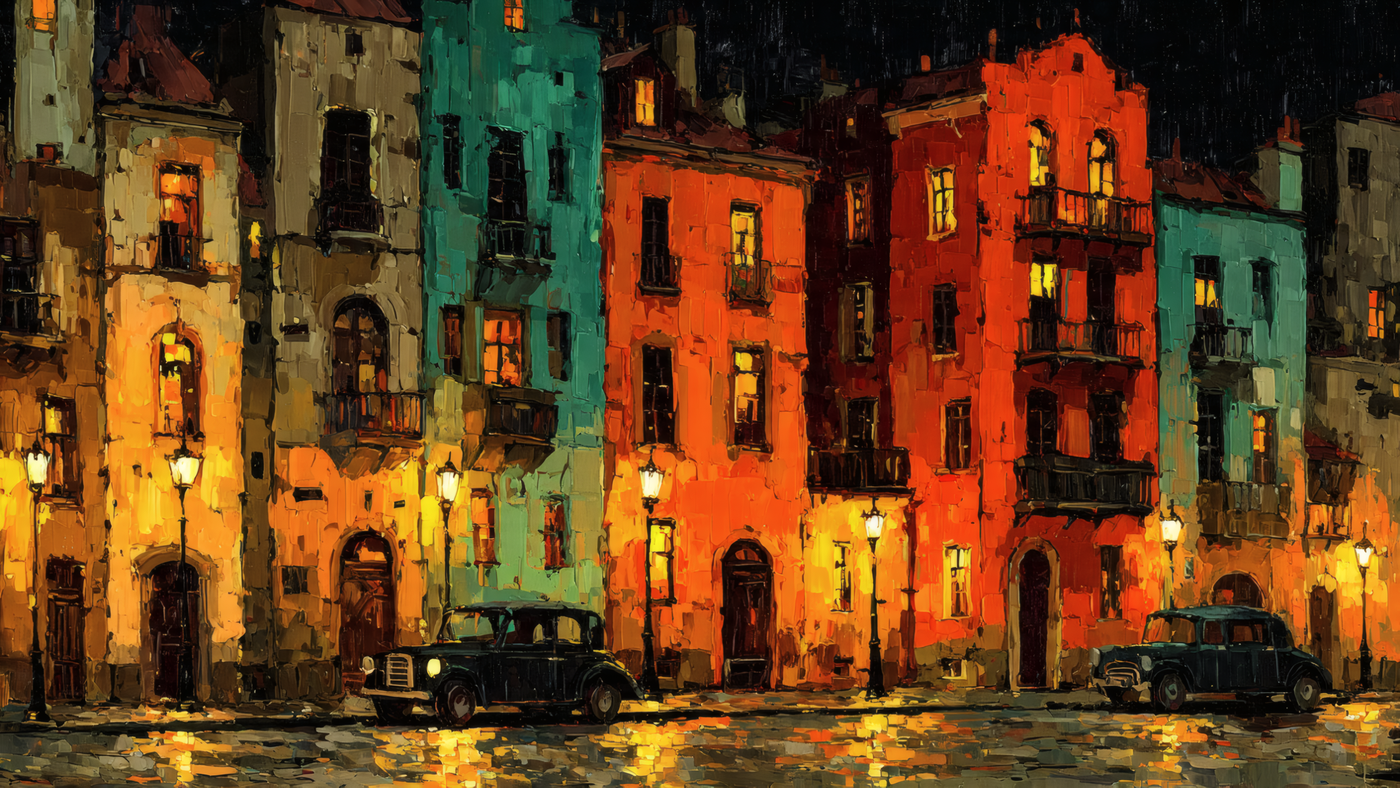 Colorful City Street Oil Painting with Cars