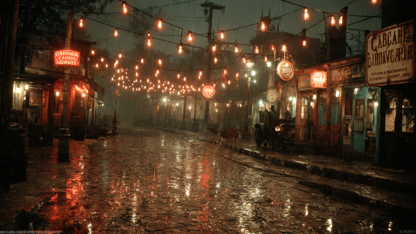 Rainy Street with Vintage Buildings and Lights