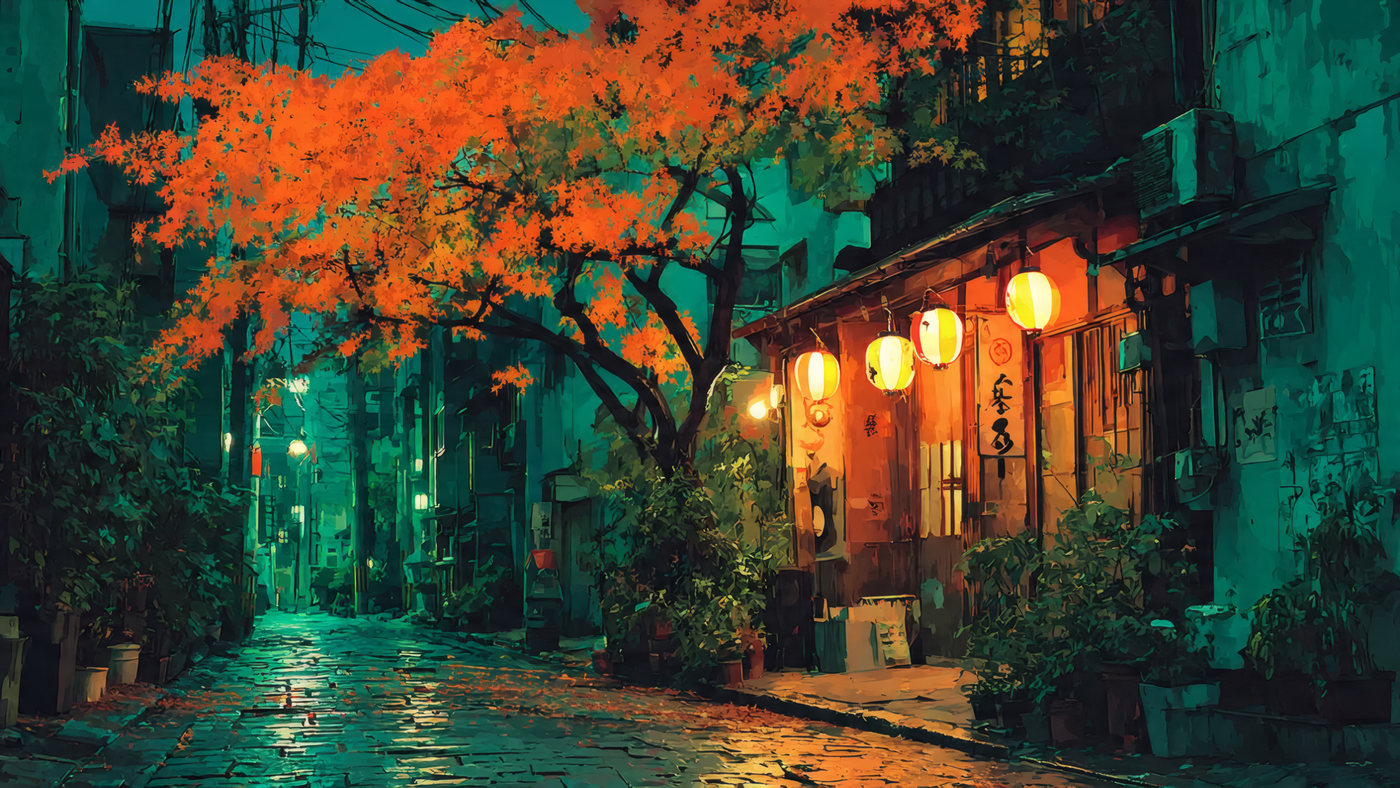Japanese Street with Lanterns and Autumn Tree