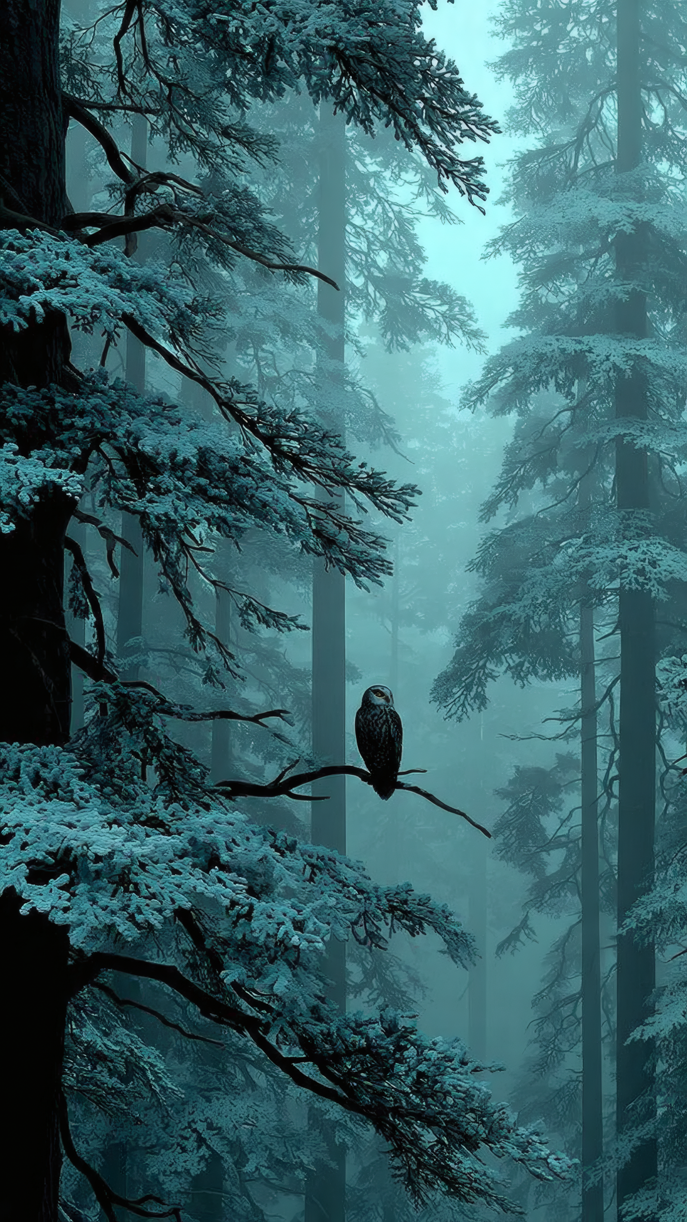 Owl Perched in a Winter Forest Scene
