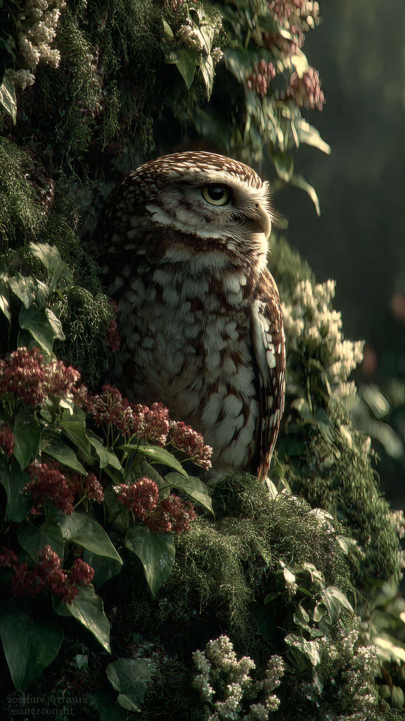 Owl Perched in Greenery and Flowers