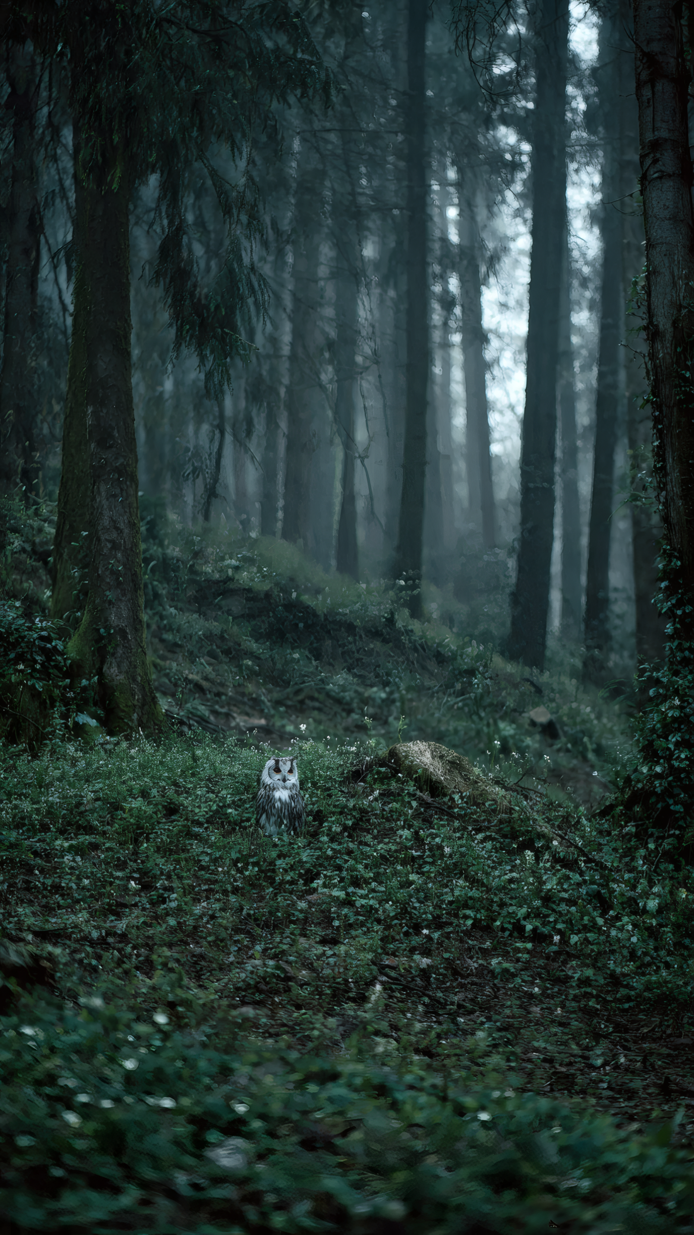 Owl in Dark Moody Forest Scenery
