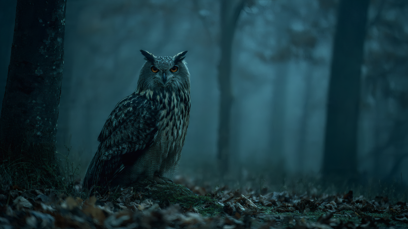 Eurasian Eagle Owl in a Dark Forest