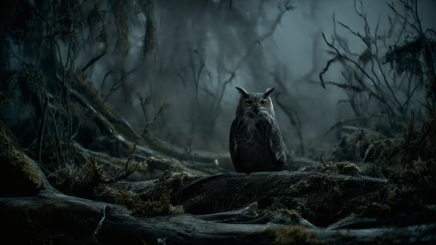 Owl Perched in Dark Misty Forest