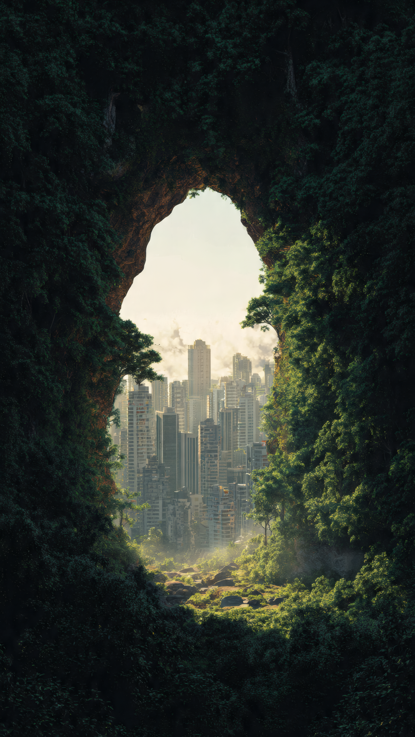 Lush Greenery Framing City Skyline View