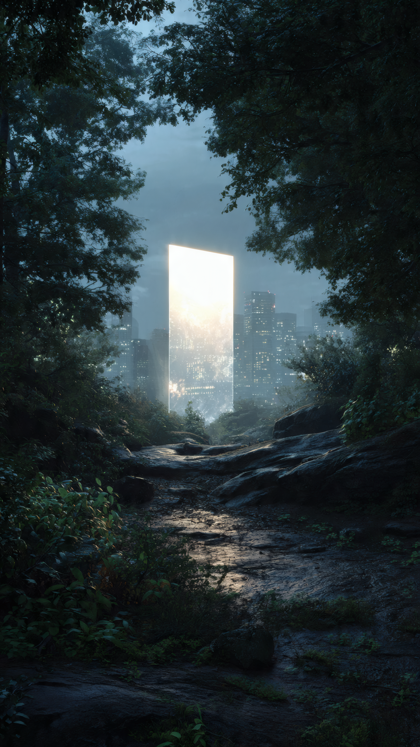 Magical Forest Path to Cityscape Portal