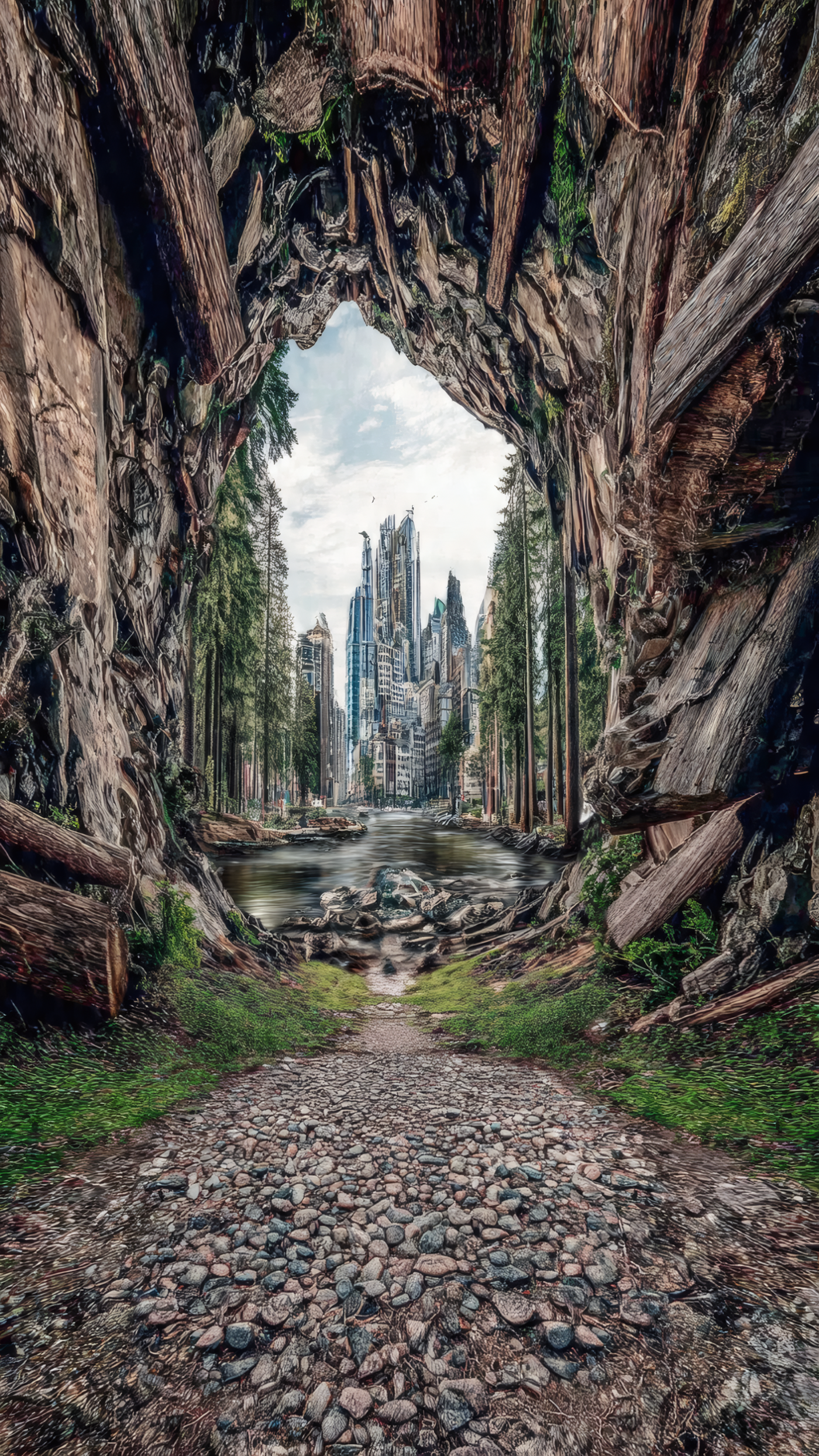 Forest Path Leads to City Wallpaper