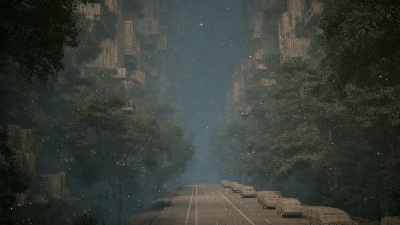 Surreal City Road with Trees and Cars