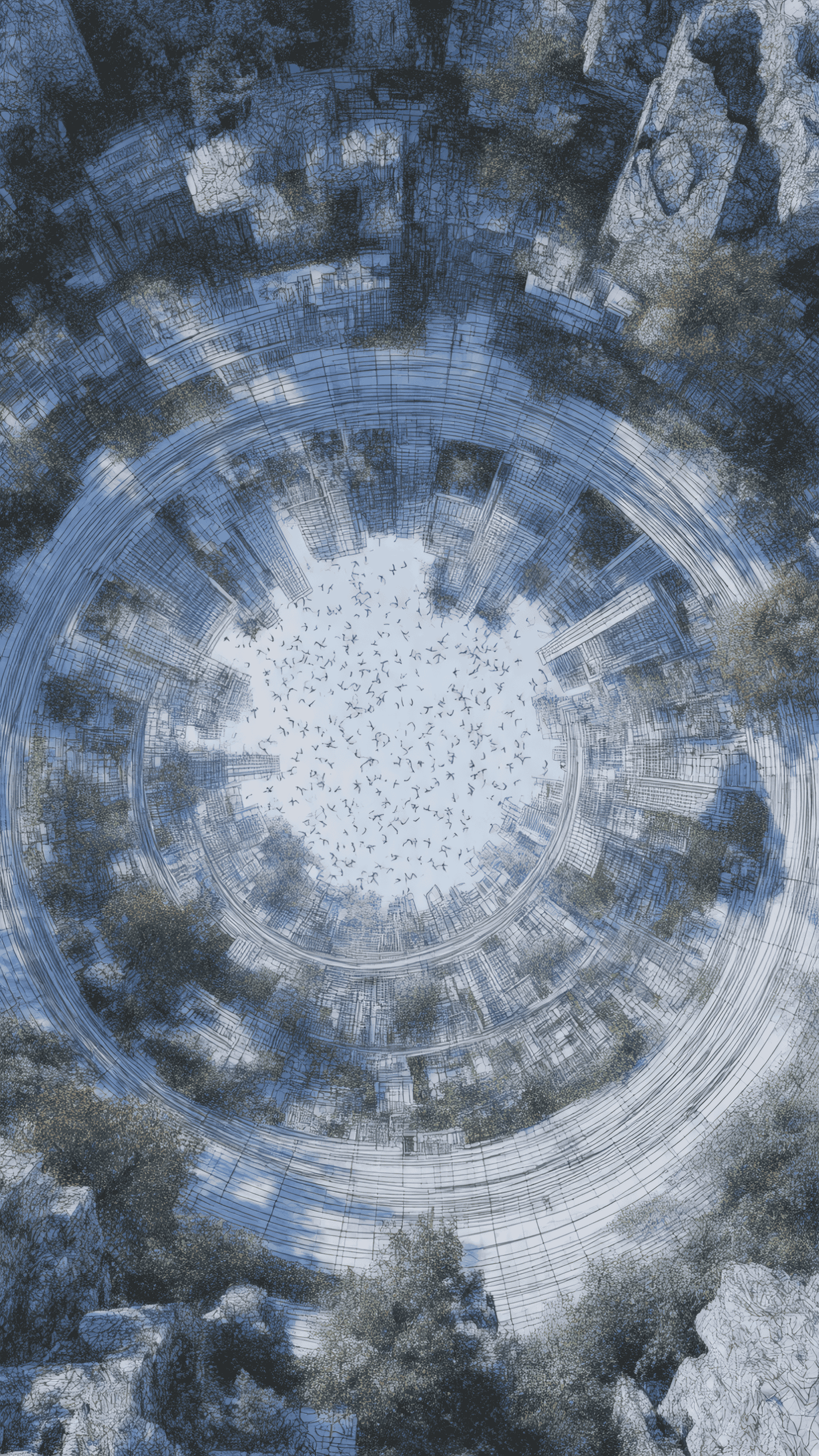 Abstract Circular Cityscape with Birds