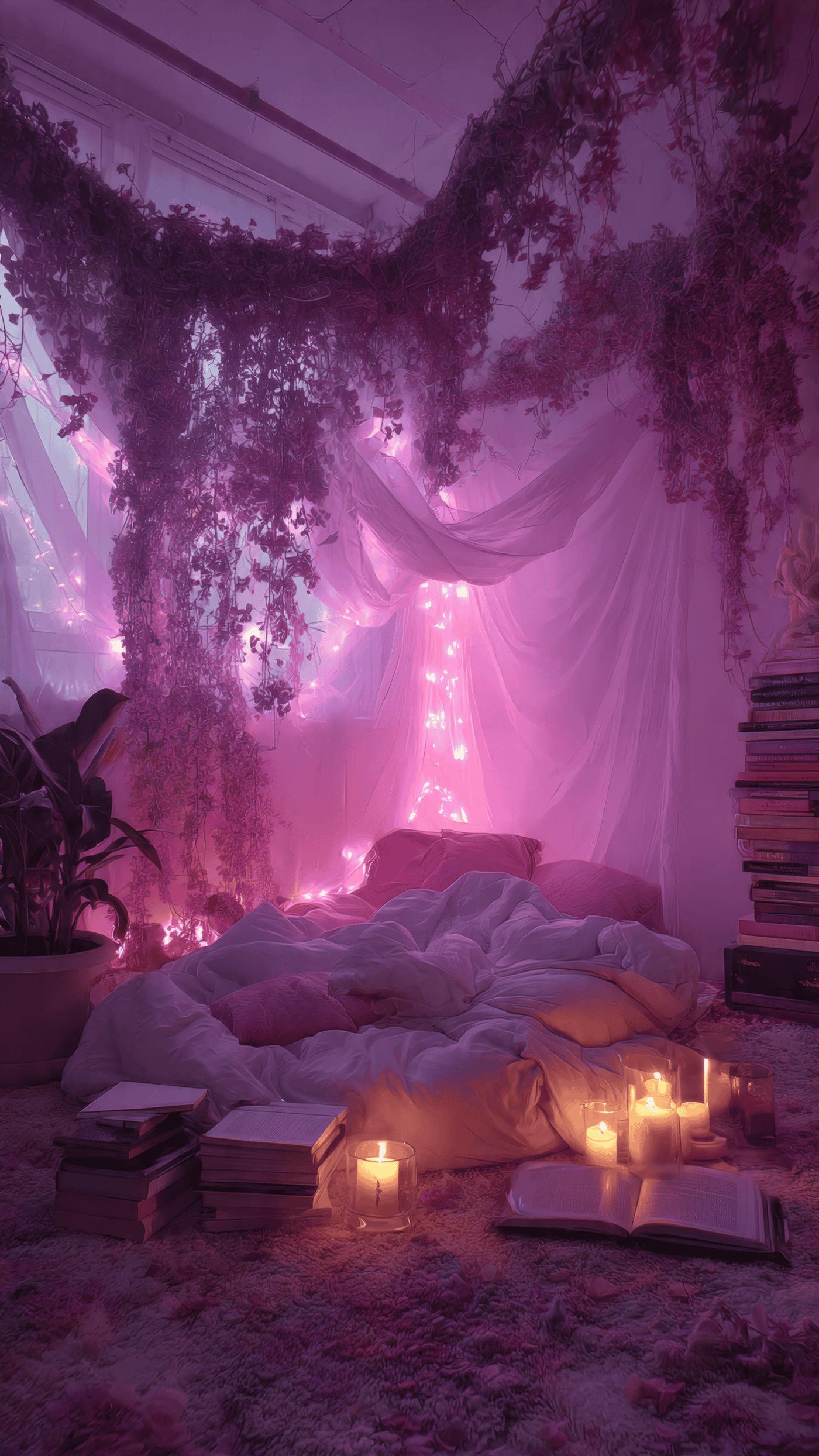 Cozy Pink Bedroom with Candles and Plants