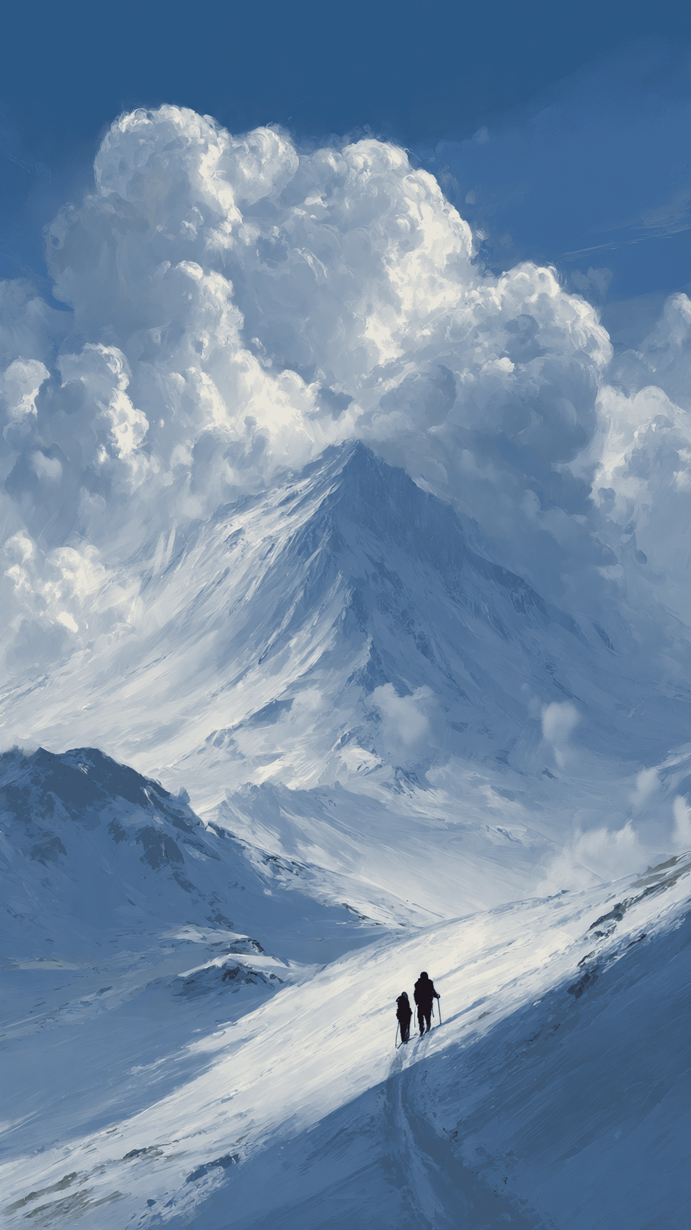 Hikers in Snowy Mountain Landscape