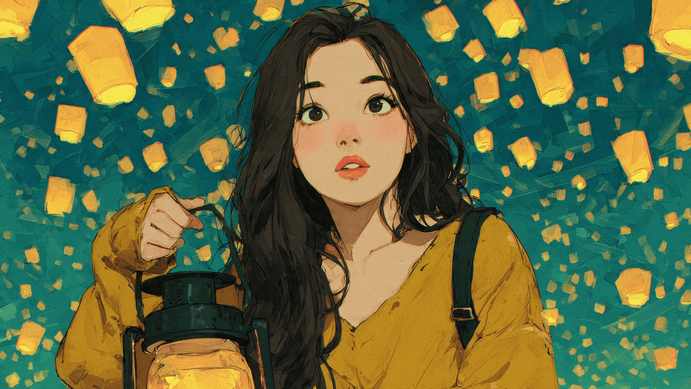 Soft Illustration of Girl Holding Lantern Warm 4