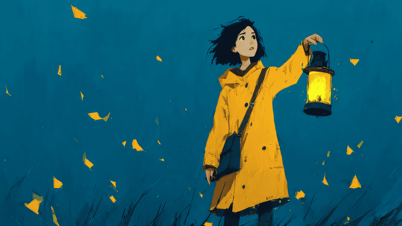 Girl with Lantern in Yellow Raincoat Art