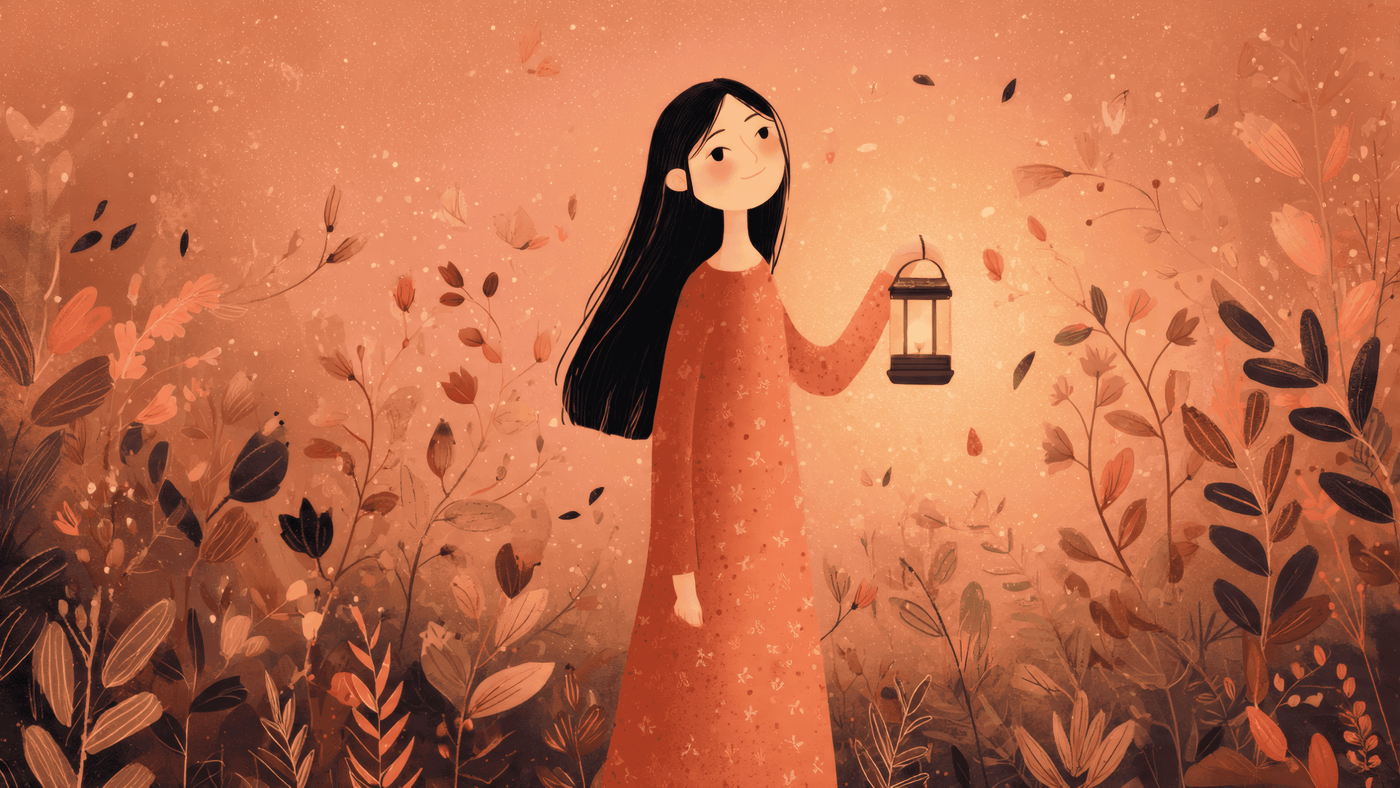 Soft Illustration of Girl Holding Lantern Warm 8
