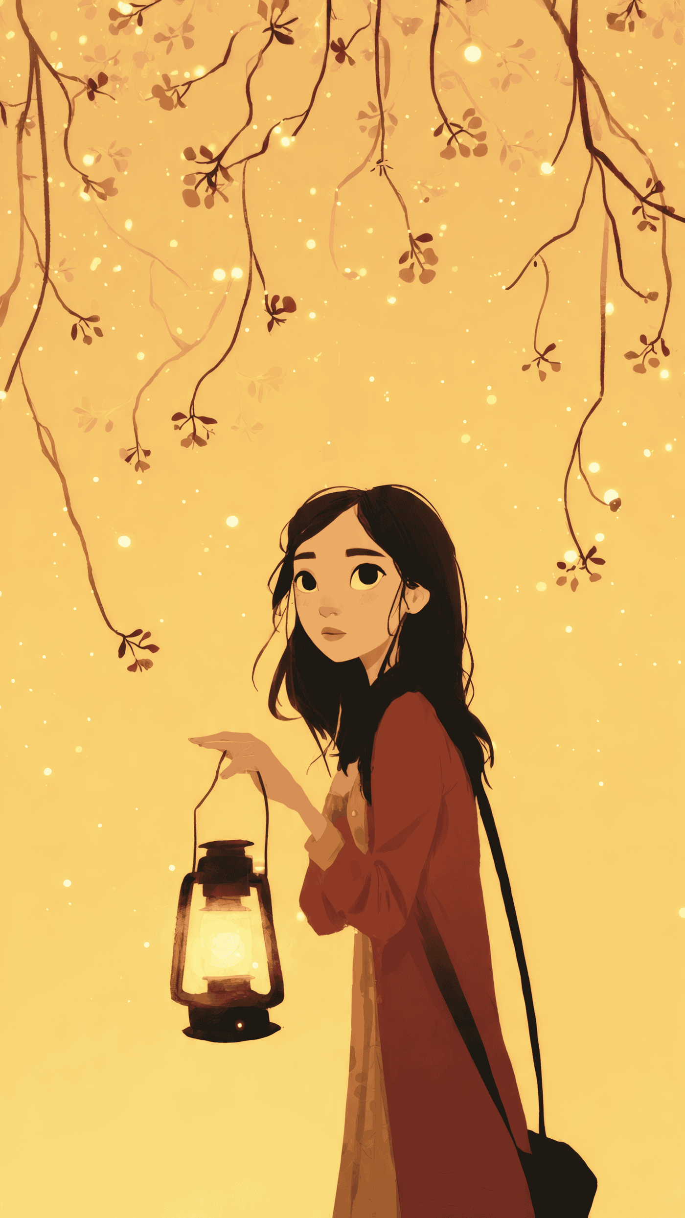 Illustration of Girl with Lantern Under Tree