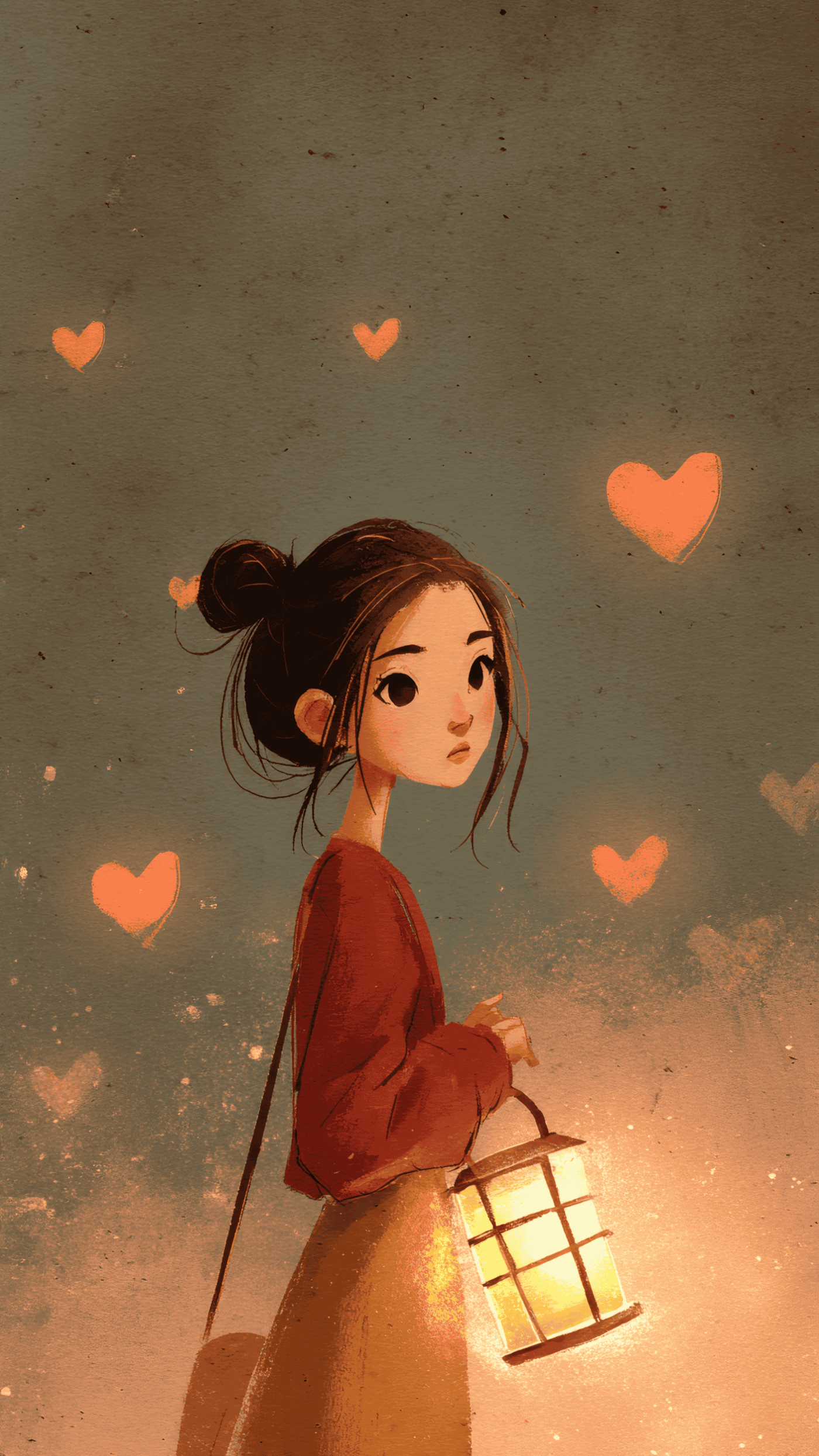 Girl with Lantern Surrounded by Hearts