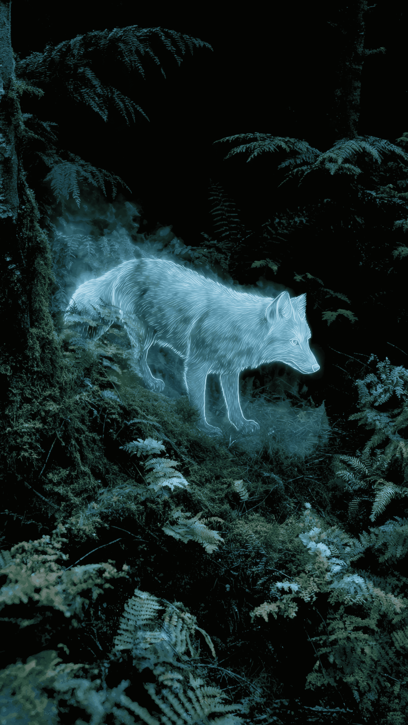 Ethereal Glowing Wolf in Dark Forest